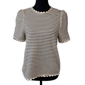 NEW ADRIANNA PAPELL Stripe Puff Sleeve Scallop Trim Sweater Size XS